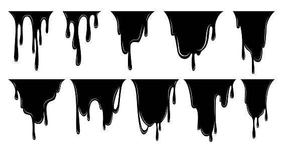 Paint dripping liquid set. Flowing oil stain. Set of black drips. Abstract flow stencil, current ink streak or fluid smudge. Vector illustration on white background.