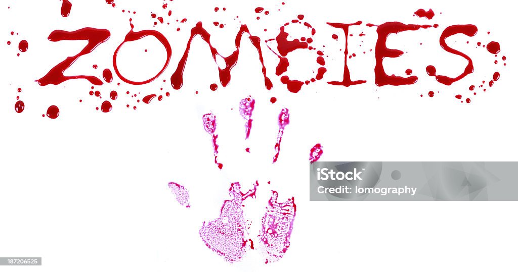 Bloody imprimir em um fundo branco com as letras ZOMBIES - Foto de stock de Assassinato royalty-free