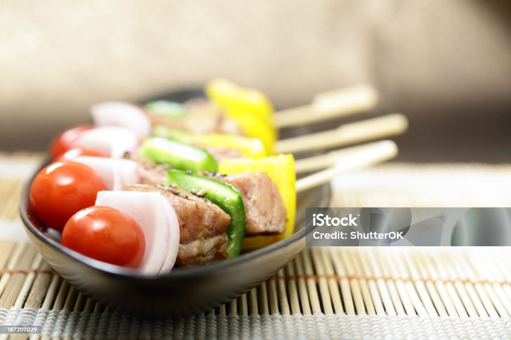 barbecue Skewers barbecue Skewers colorful kabobs on back dish Close-up Stock Photo