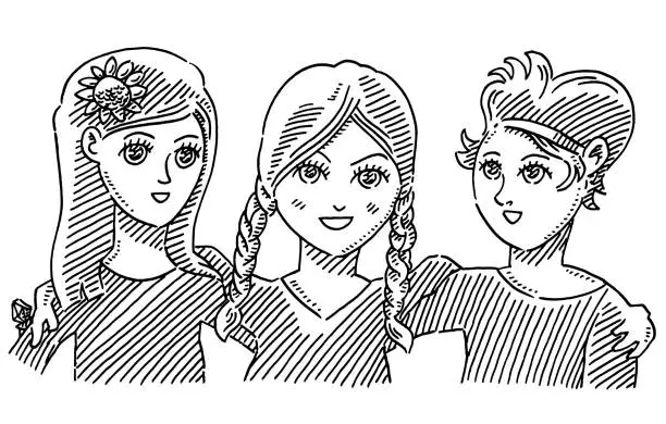 Vector illustration of Three Manga Girl Friends Drawing