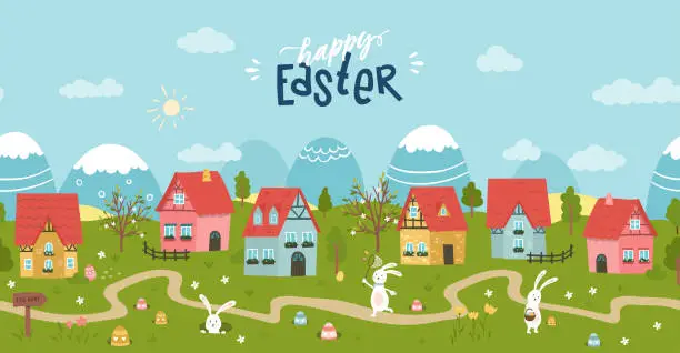 Vector illustration of Cute Easter Egg hunt design for children, hand drawn with cute bunnies, eggs and decorations - great for party invitations, banners, wallpapers - vector