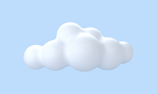 3D cartoon white cloud isolated on blue background.  Round cloud icon. Vector 3d illustration