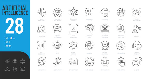 Artificial Intelligence Line Editable Icons set. Vector illustration in modern thin line style of AI technology and possibilities, machine learning, smart robotic. Isolated on white no pets icon stock illustrations