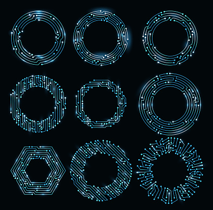 Circuit board circle frames. Abstract digital round frame, hardware board and electronic motherboard pattern vector set. Programming science, computer system elements.