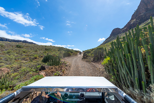 Landscape at the foot of the volcano and jeep Safari on the Gran Canaria island.