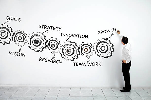 istock Businessman writing a business plan on a wall 187212600