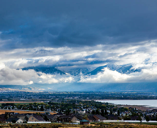 View of Utah County View of Utah County, overlooking Lehi, American Fork, Alpine and Utah Lake.View of Utah County, overlooking Lehi, American Fork, Alpine and Utah Lake. lake utah stock pictures, royalty-free photos & images