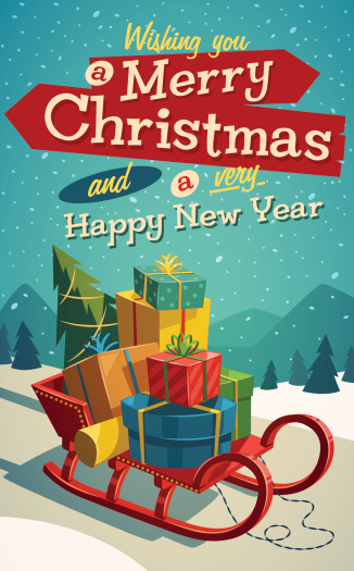 Open sleigh with bunch of gifts. Merry Christmas illustration. Vector illustration. Contains transparency. Eps10