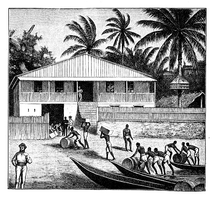 Togo, West Africa - Slaves transport barrels of palm oil, top resource of the country derived by the Elaeis guineensis palm, 19th century illustration