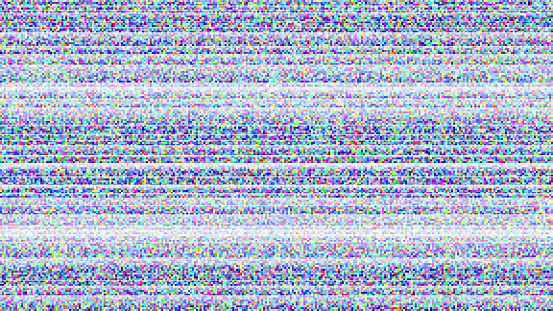 Glitch or static noise texture with white stripes and colored pixels. No signal or TV broadcast error. VHS seamless pattern. Abstract vector background.