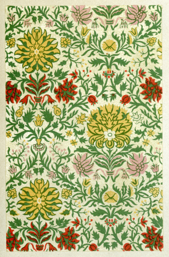 Vintage lithograoh of a Branches twining in mullion forms ornamental textile pattern, 17th Century  style