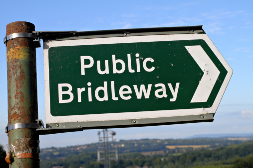 This is a metal notice denoting a public bridleway on part of the North Downs Way that runs between Dover and Farnham in southern England. (A bridleway is a path where horses may be ridden.).