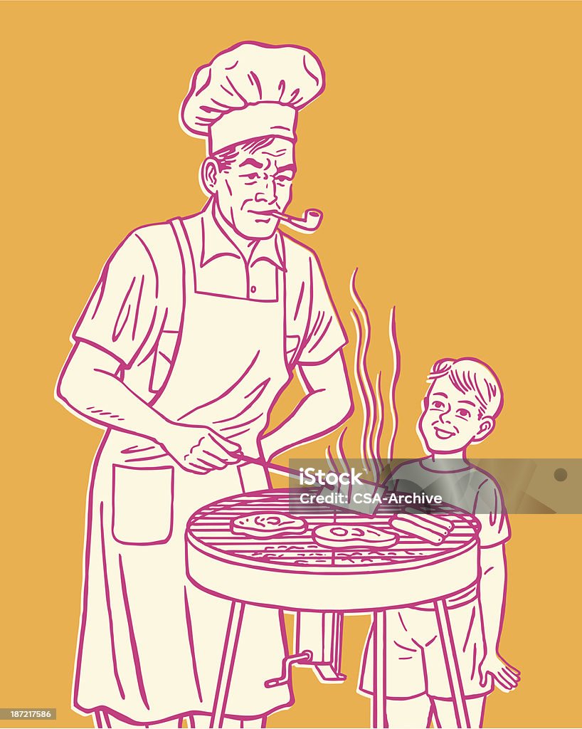 Pink cartoon of man & boy grilling meat on orange background Man and Boy Grilling Meat Retro Style stock vector