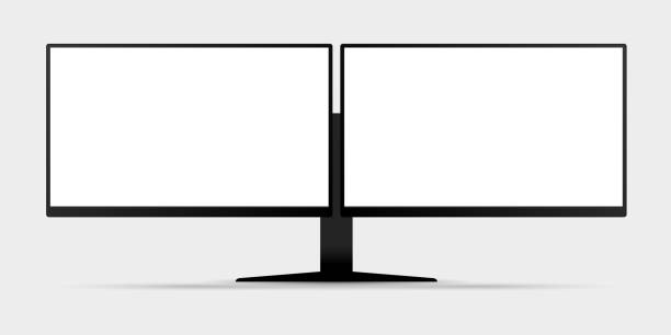 vorderansicht des 2-bildschirm-computermonitor-modells mit leerem weißem anzeigevektor - zwei gegenstände stock-grafiken, -clipart, -cartoons und -symbole
