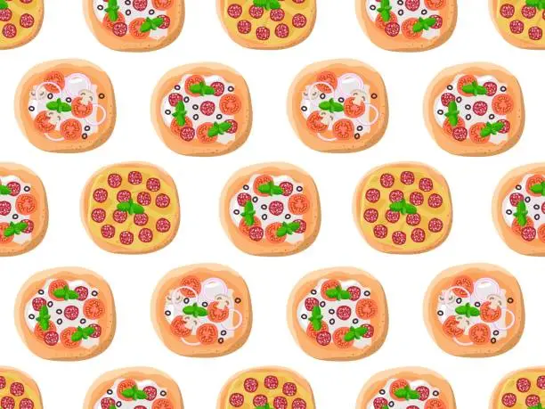 Vector illustration of Seamless pattern with Pizza options according to different recipes. Cartoon vector illustration for wallpaper, textile, scrapbooking. Traditional italian dishes. Pastry food, Tasty Italian pizza.