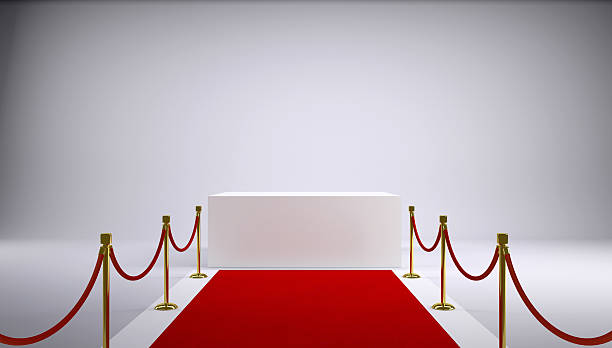 istock The red carpet and white box. Gray background 187219919