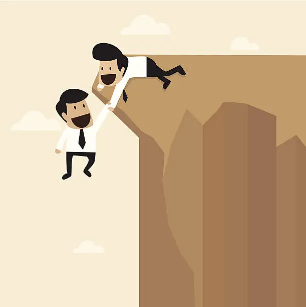 Vector illustration of Businessman help to pull another from bottom of cliff
