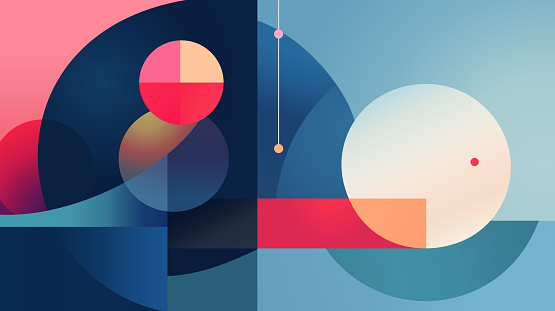 Background with various flat circles on geometric background. Modern minimalistic design. Art composition. Vector illustration for cover, card, interior design, banner, poster, brochure, presentation.