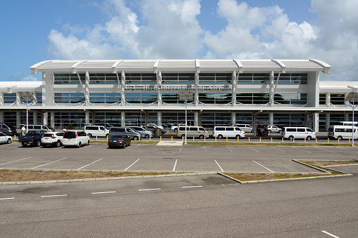 St. John's, Antigua island, Antigua and Barbuda: V.C. Bird International Airport, main terminal, land side. Hub for ABM Air, FlyMontserrat and LIAT. Located near Osbourne, about eight kilometers northeast of Saint John's. The airport was built during World War II as Coolidge Air Force Base for the United States Army Air Forces.