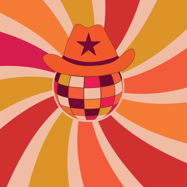 ilustrações de stock, clip art, desenhos animados e ícones de retro colorful cowboy hat on disco ball with vintage sunburst red, orange and mustard. - musica sertaneja