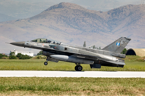 Hellenic Air Force F-16 fighter jet from 337 Mira arriving at Larissa Airbase. Greece - May 4, 2017.