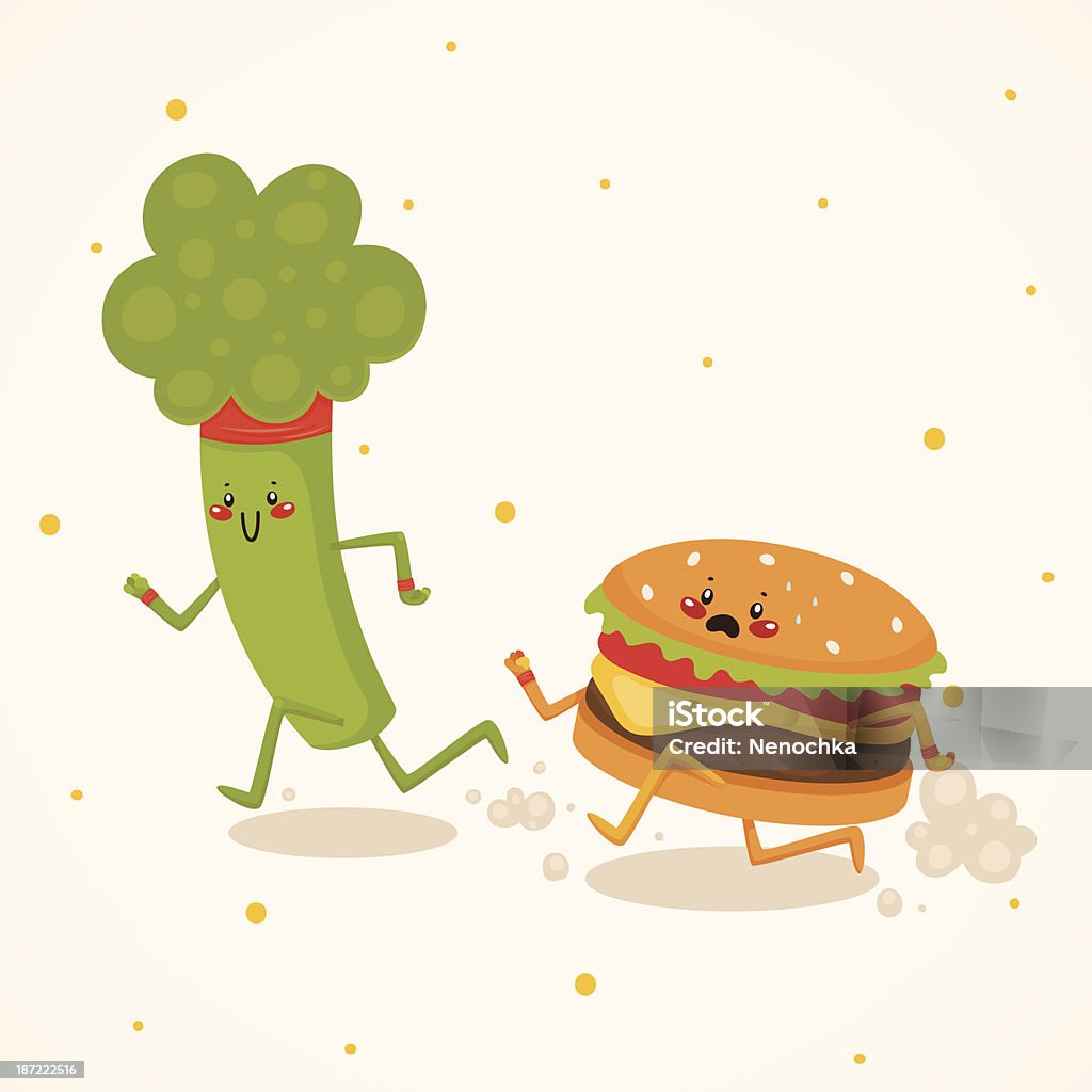 Broccoli vs burger Broccoli vs burger, healthy food vs fast food, competition. American Culture stock vector