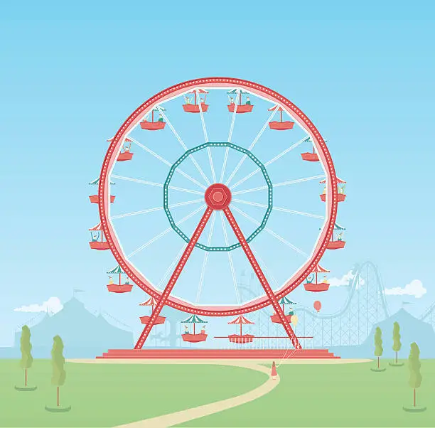 Vector illustration of Ferris wheel with riders and blue sky behind