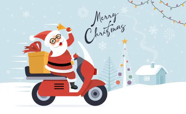 Vector illustration of Santa Claus delivering gifts on a scooter.