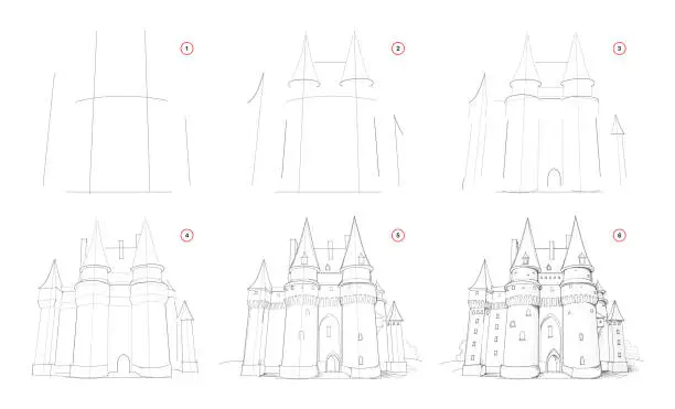 Vector illustration of How to draw step by step sketch of imaginary medieval knight castle. Creation pencil drawing. Educational page for artists. Hand-drawn vector on computer by graphic tablet.