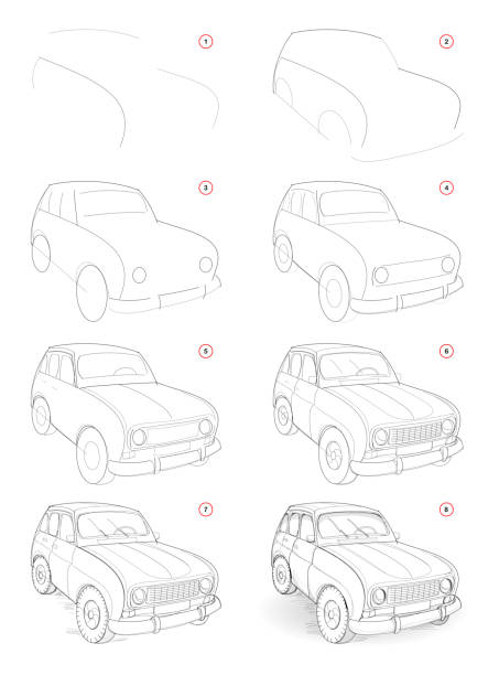 jak narysować krok po kroku szkic wyimaginowanego uroczego małego samochodu. tworzenie rysunku ołówkiem. strona edukacyjna dla artystów. podręcznik do umiejętności artystycznych. ręcznie rysowany wektor za pomocą tabletu graficznego. - stepwise stock illustrations