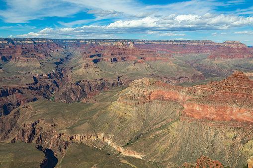 Grand Canyon aerial, Arizona. Panning in beautiful nature landscape scenery at sunset in Grand Canyon National Park. South Rim of the Grand Canyon National Park. Scenery of the Grand Canyon, Arizona.