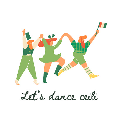 Cheerful Irish people in green clothes with shamrocks and the Ireland flag joyfully dancing the Ceiligh dance. Celebrating Irish culture party, St. Patrick's Day t-shirt print, greeting card design
