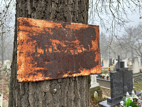 Old rusty metal plate sign on a tree trunk in the public cemetery