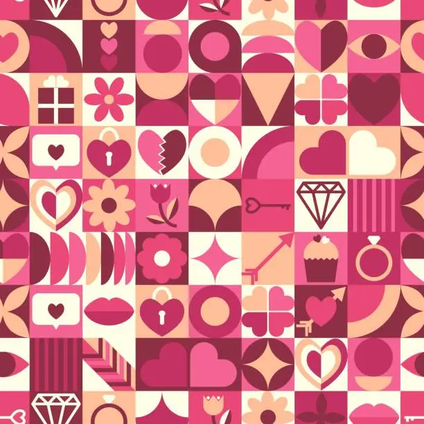 Vector illustration of Abstract geometric Valentines day seamless pattern. Icon with symbol of love. Heart, gift, arrow, key, ring, flower, lips, jewel. Trendy design for background, textile, packaging, wrapper, cover.