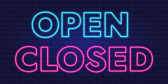 Open and closed signs. Neon signs. Bar open light neon sign. Vector illustration