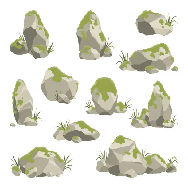 Vector illustration of Rock stone formations. Small boulder mountain with grass and moss, big icon with rocky texture, heavy piles. Cobblestones of various shapes, hard rock rubbles. Vector cartoon background