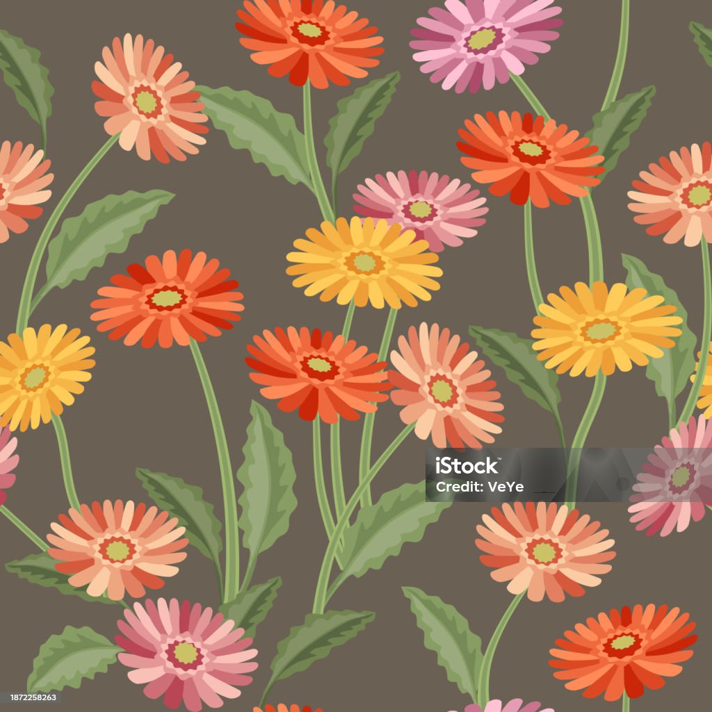 Vector Gerberas Gerberas Seamless Pattern Of Flowers And Leaves Of Gerbera Vector Stock ...