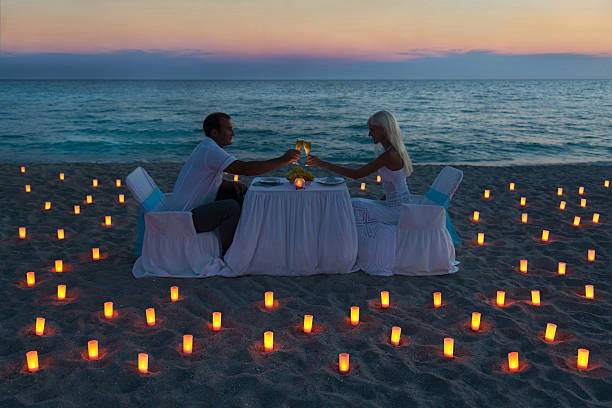 istock Happy couple enjoying romantic dinner on the beach 187226506