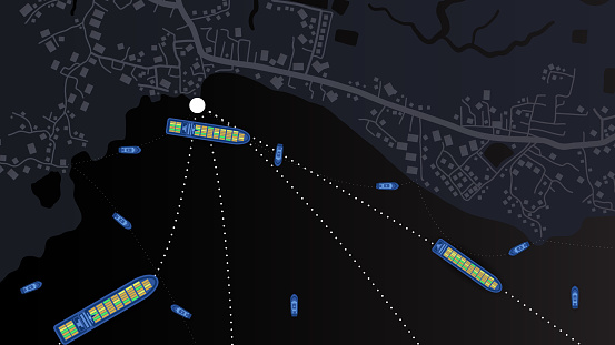 abstract background of route navigation location map with cruise ship and yacht and cargo container ship