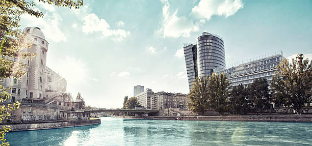 donau kanal wien - architecture austria journey building exterior stock-fotos und bilder