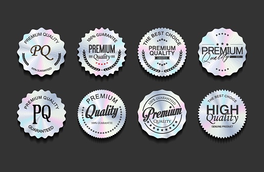 Hologram stickers or labels with holographic premium quality text vector illustration