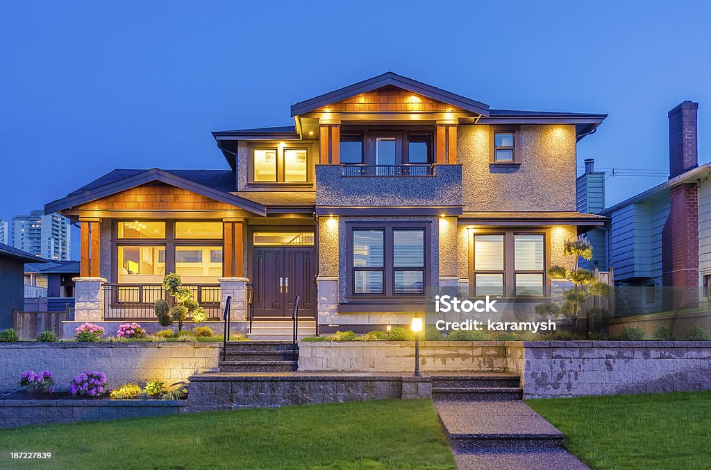 House at dusk. Luxury house at night in Vancouver, Canada. House Stock Photo