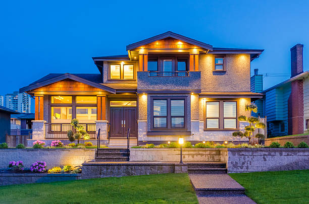 House at dusk. Luxury house at night in Vancouver, Canada. building entrance photos stock pictures, royalty-free photos & images