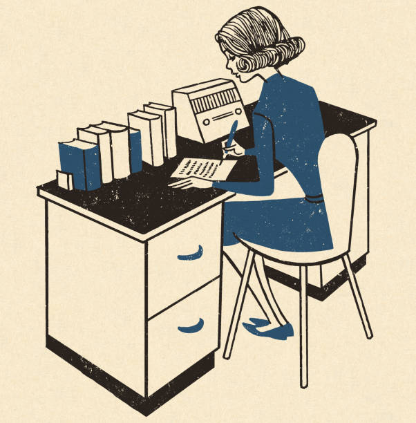 illustrazioni stock, clip art, cartoni animati e icone di tendenza di donna che lavora alla scrivania - old fashioned desk student book