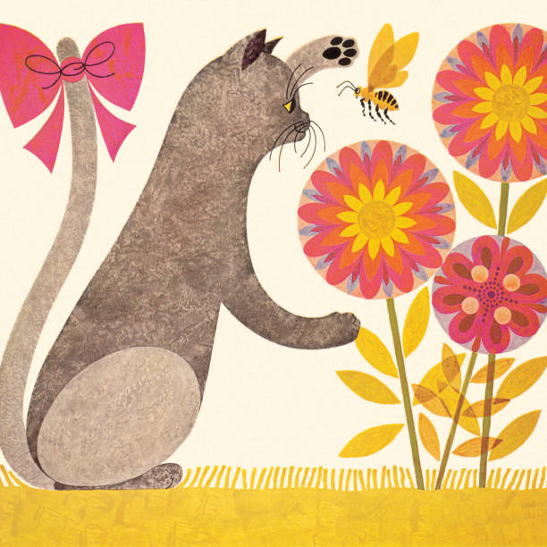 Cat Playing with Flowers and Bee