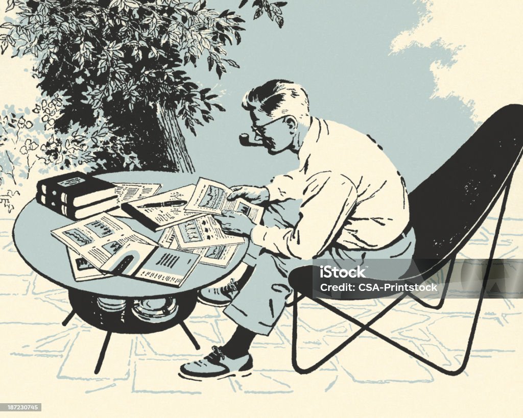 Man Looking Over Papers Book stock illustration