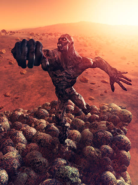 Scary monster climbing on pile of skulls.