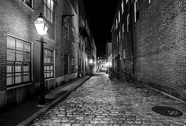 istock Dark Cobblestone Alleyway in Black and White 187233449