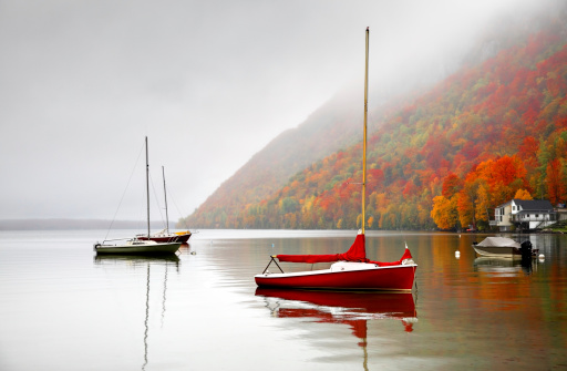 Foggy autumn morning on Lake Willoughby in the northeast kingdom of Vermont