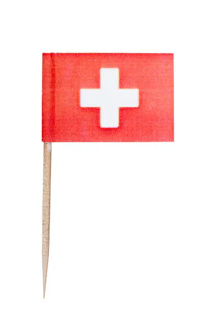 Swiss paper toothpick flag. Nice paper texture. Isolated on white.  
